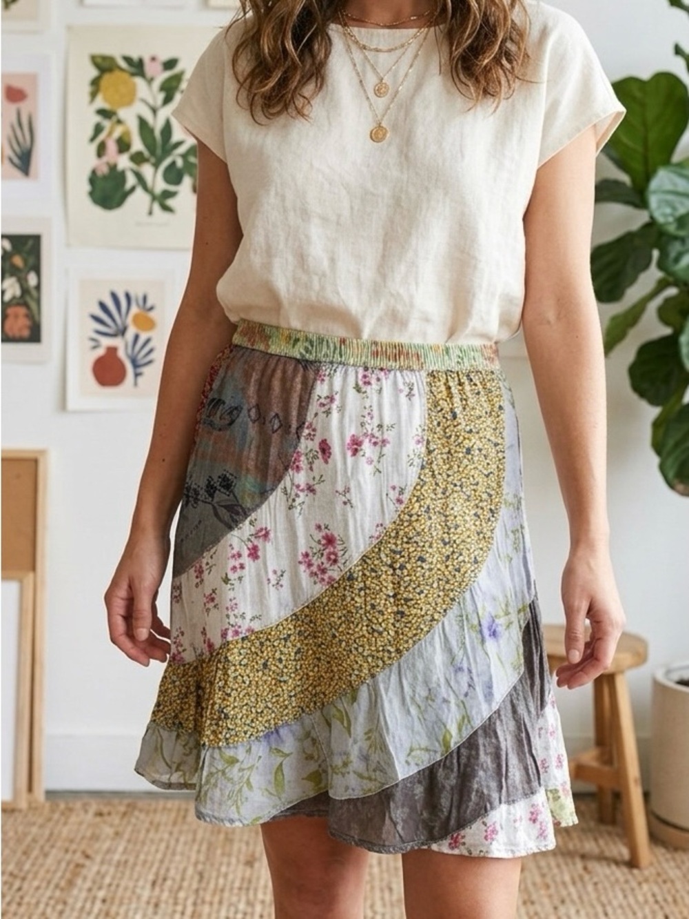 Young Threads Patchwork Floral Tiered Midi Skirt M NWT Boho Cottagecore